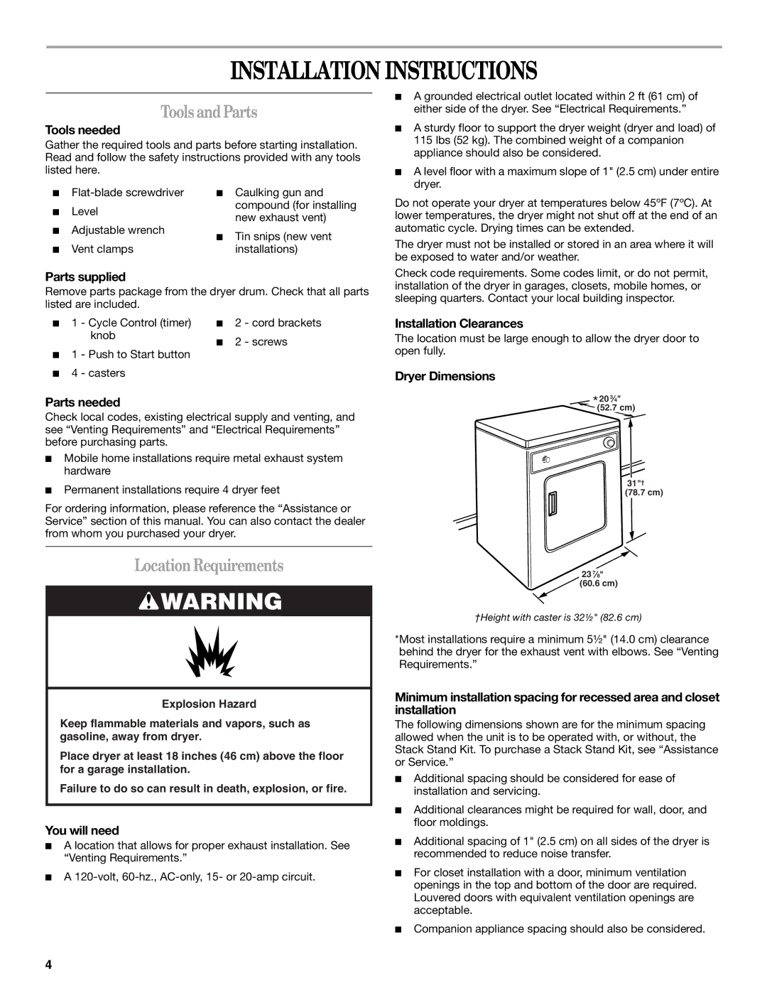 Whirlpool 8562113 manual Installation Instructions, ToolsandParts, LocationRequirements 