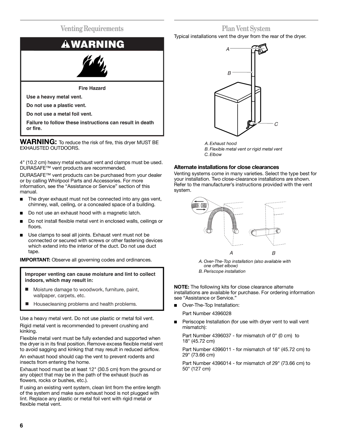 Whirlpool 8562113 manual VentingRequirements, PlanVentSystem, Alternate installations for close clearances 