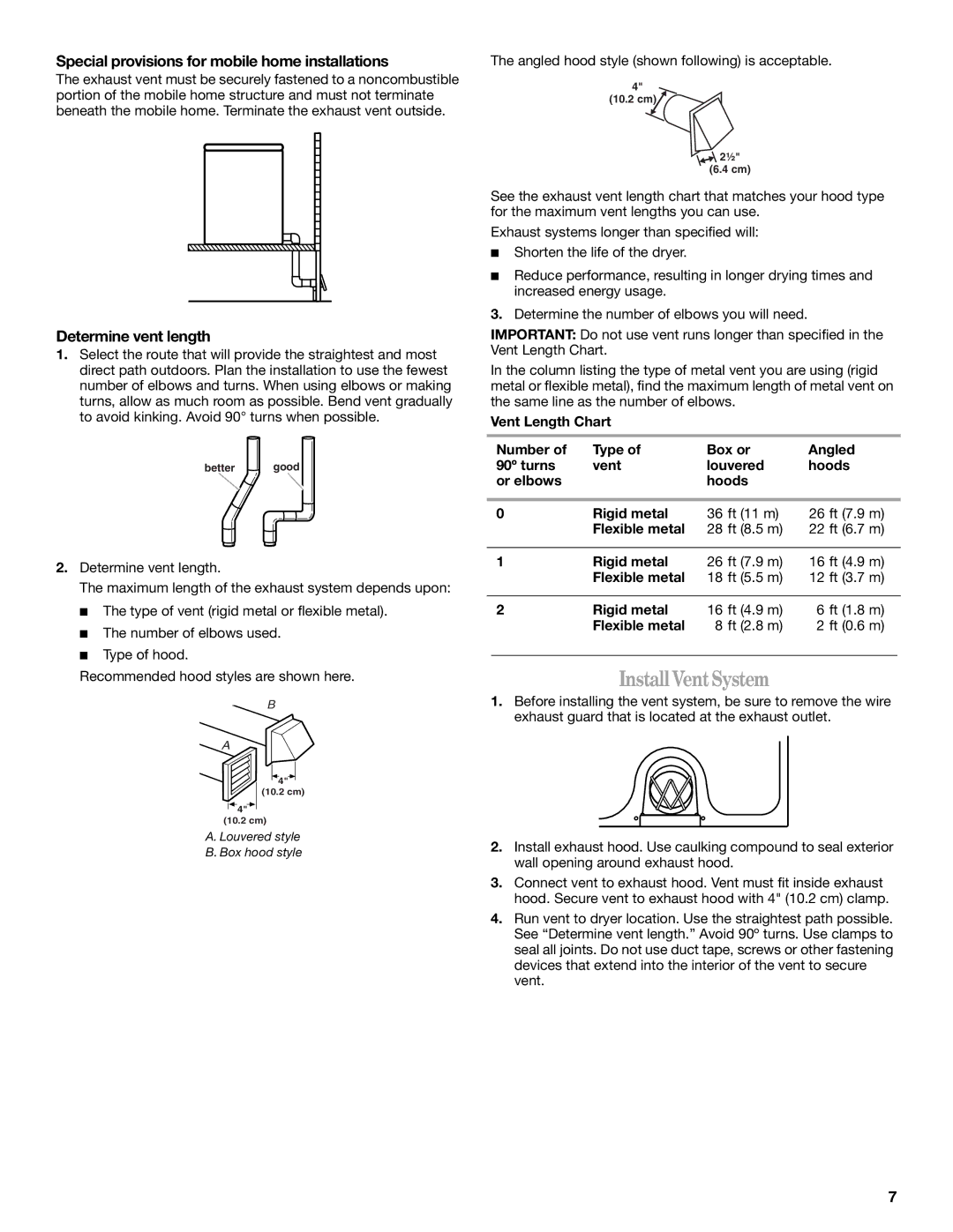 Whirlpool 8562113 manual Install VentSystem, Special provisions for mobile home installations, Determine vent length 