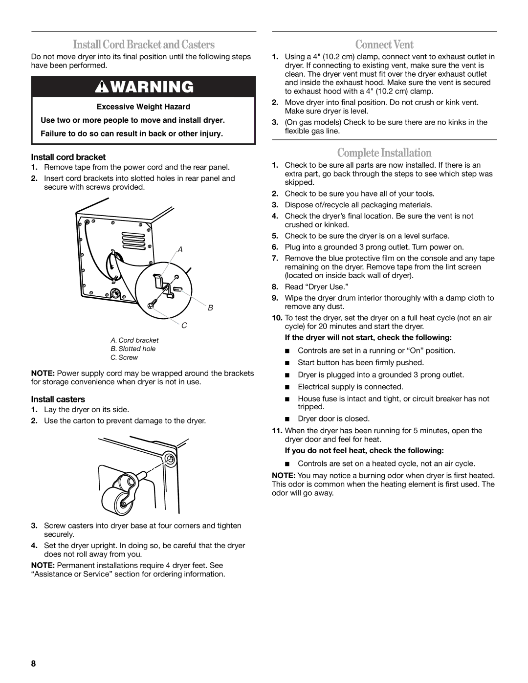 Whirlpool 8562113 InstallCordBracketandCasters, ConnectVent, CompleteInstallation, Install cord bracket, Install casters 