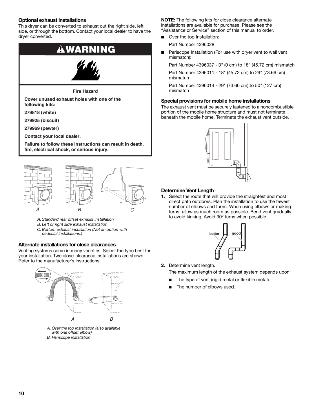 Whirlpool 8562594 Optional exhaust installations, Special provisions for mobile home installations, Determine Vent Length 