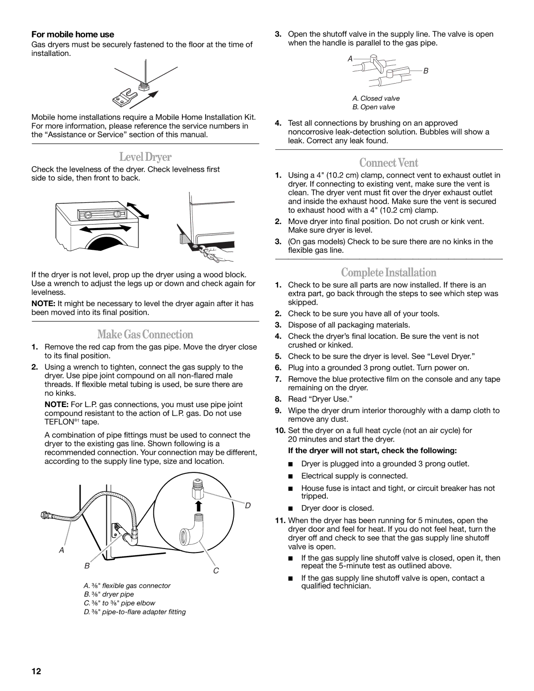 Whirlpool 8562594 manual LevelDryer, MakeGasConnection, ConnectVent, CompleteInstallation, For mobile home use 