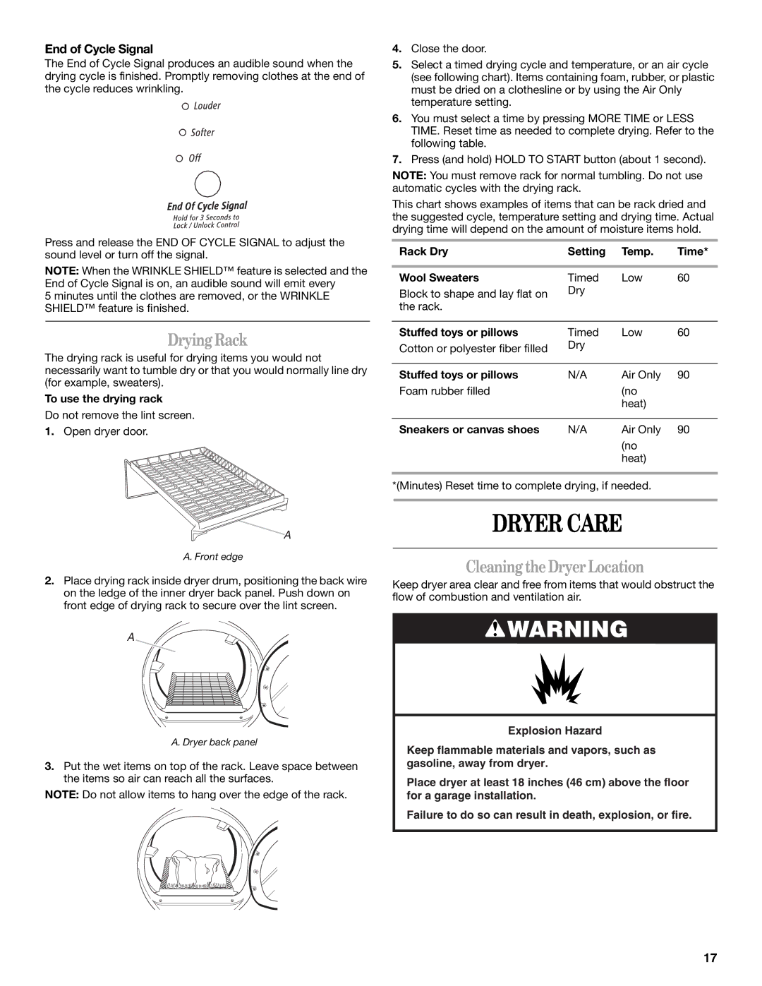 Whirlpool 8562594 manual Dryer Care, DryingRack, CleaningtheDryerLocation, End of Cycle Signal 