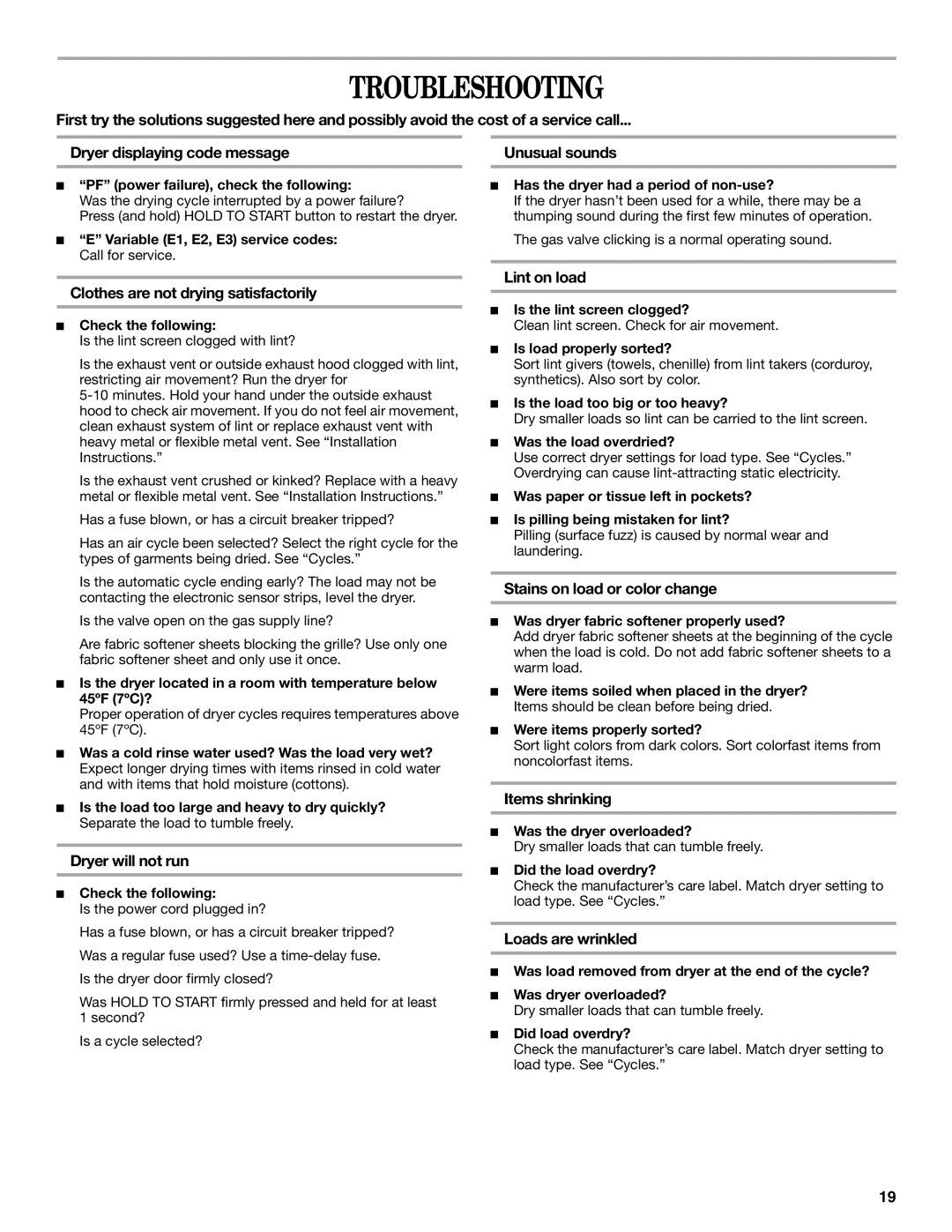 Whirlpool 8562594 manual Troubleshooting 