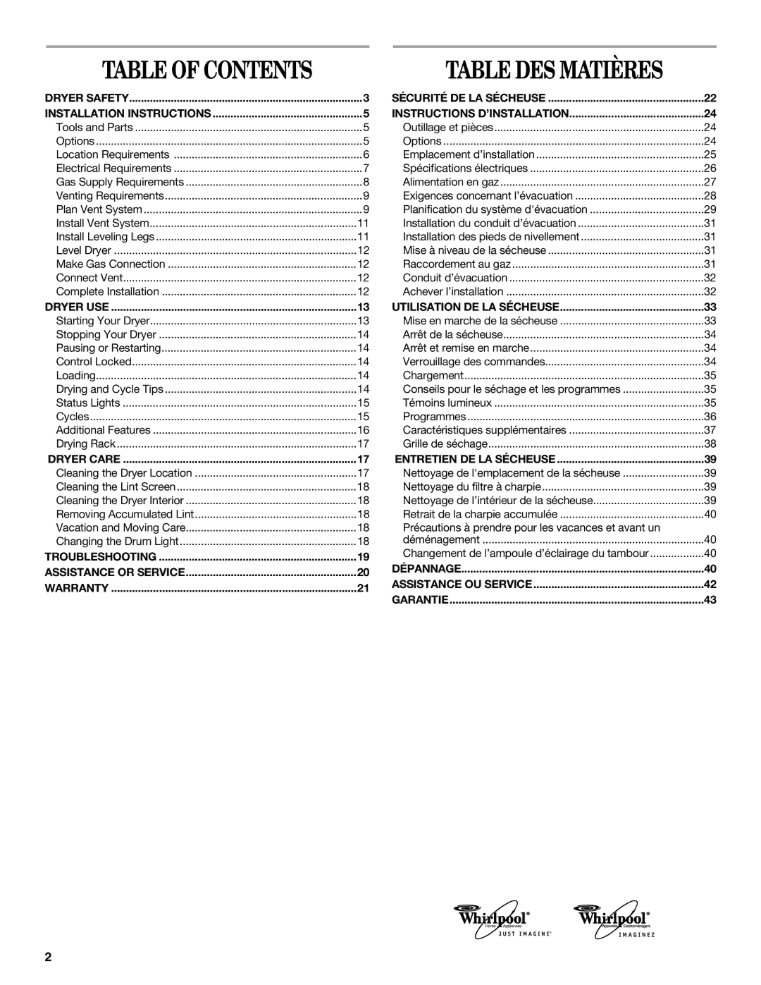 Whirlpool 8562594 manual Table DES Matières 