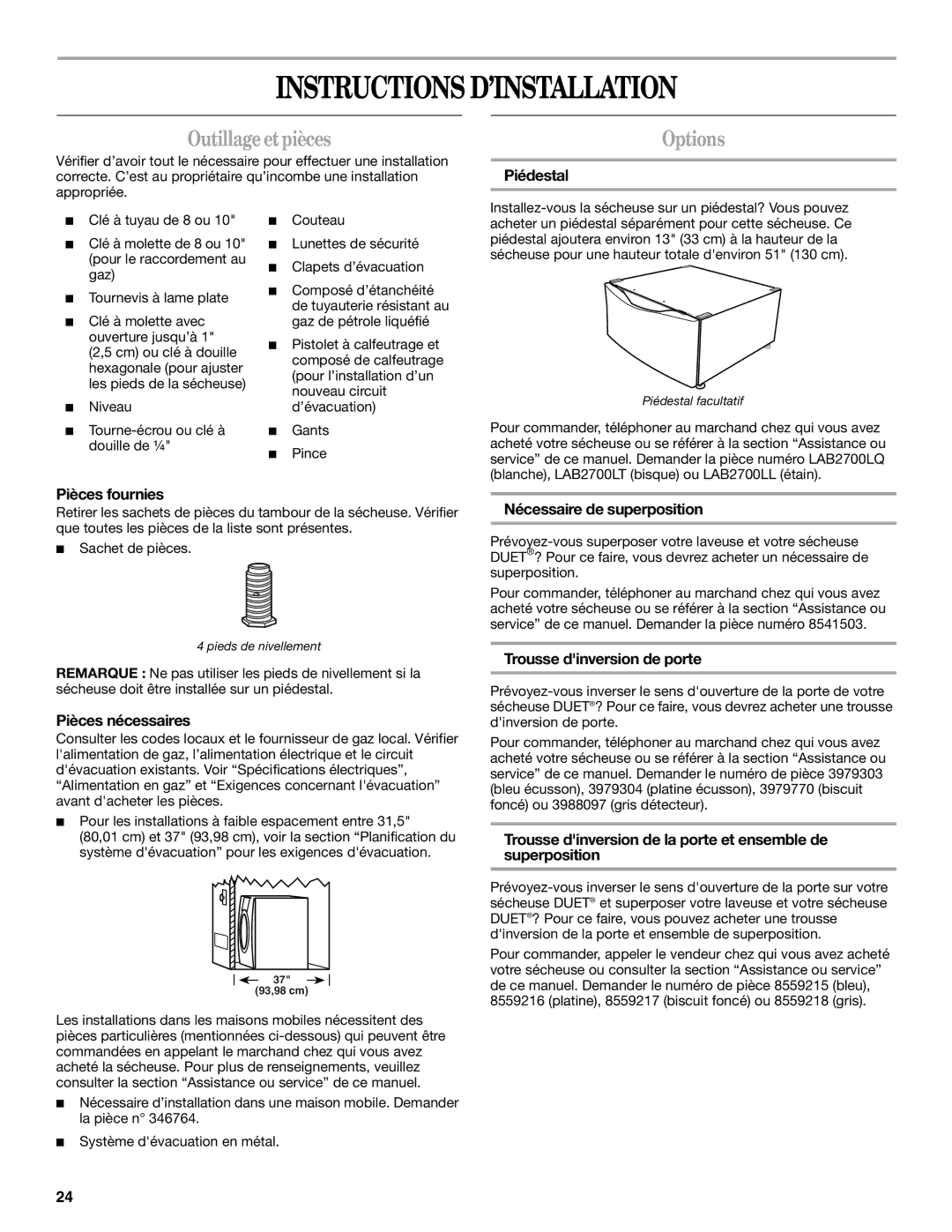 Whirlpool 8562594 manual Instructions D’INSTALLATION, Outillageetpièces 