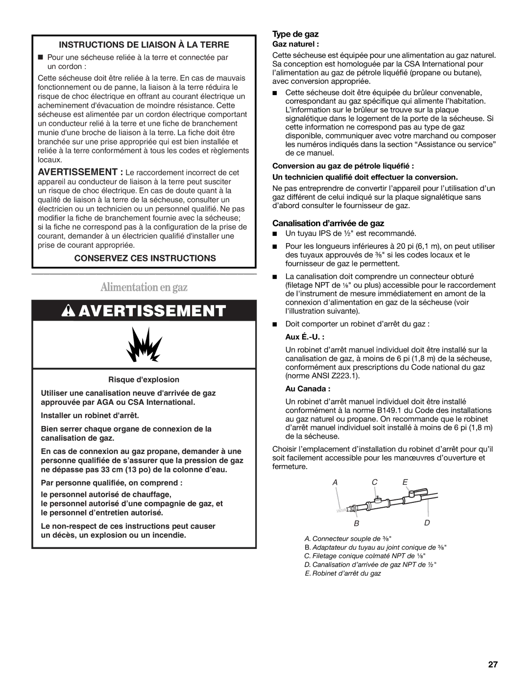 Whirlpool 8562594 manual Alimentation en gaz, Type de gaz, Canalisation d’arrivée de gaz 