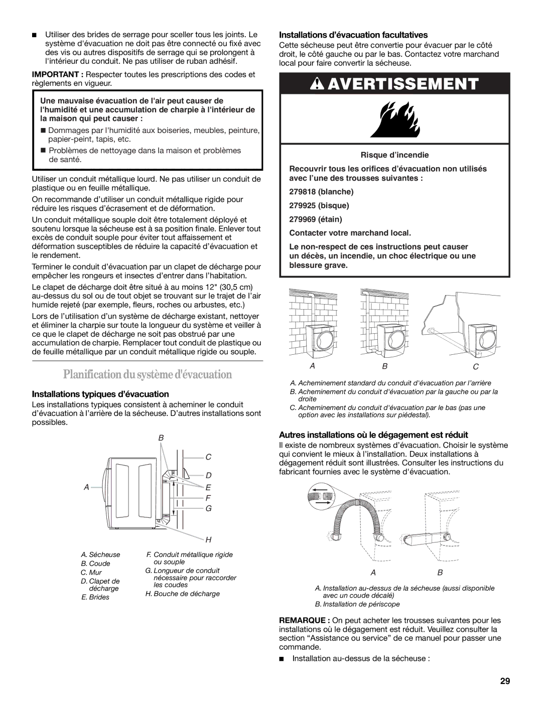 Whirlpool 8562594 manual Planification dusystèmedévacuation, Installations typiques d’évacuation 