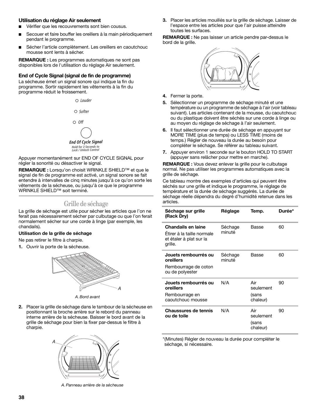 Whirlpool 8562594 Grilledeséchage, Utilisation du réglage Air seulement, End of Cycle Signal signal de fin de programme 