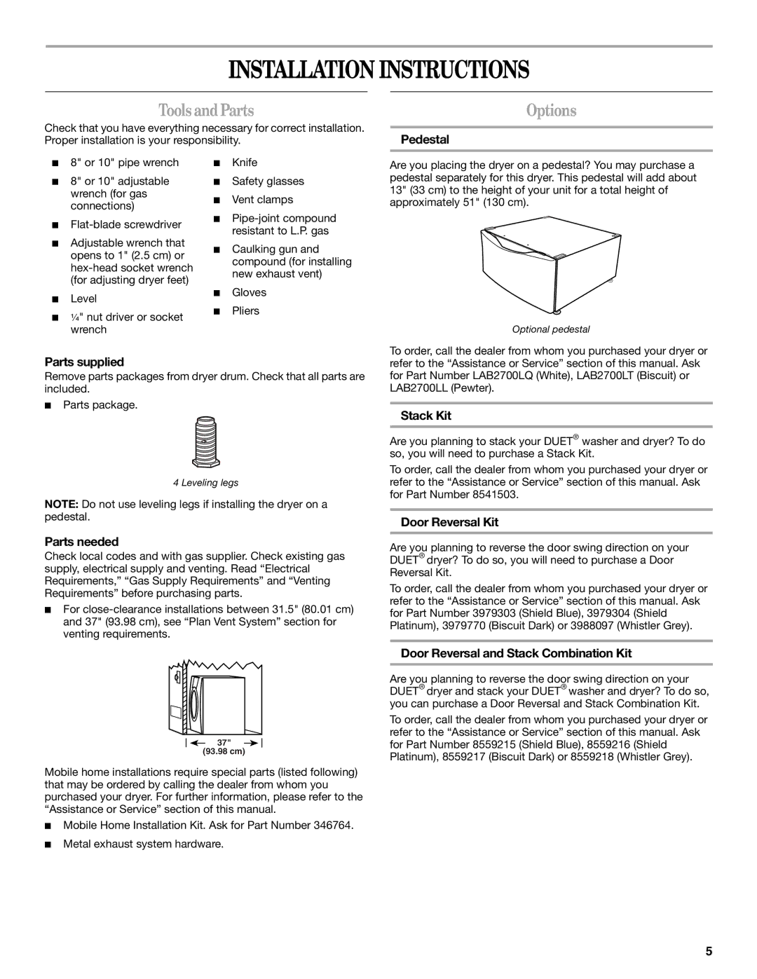 Whirlpool 8562594 manual Installation Instructions, ToolsandParts, Options 