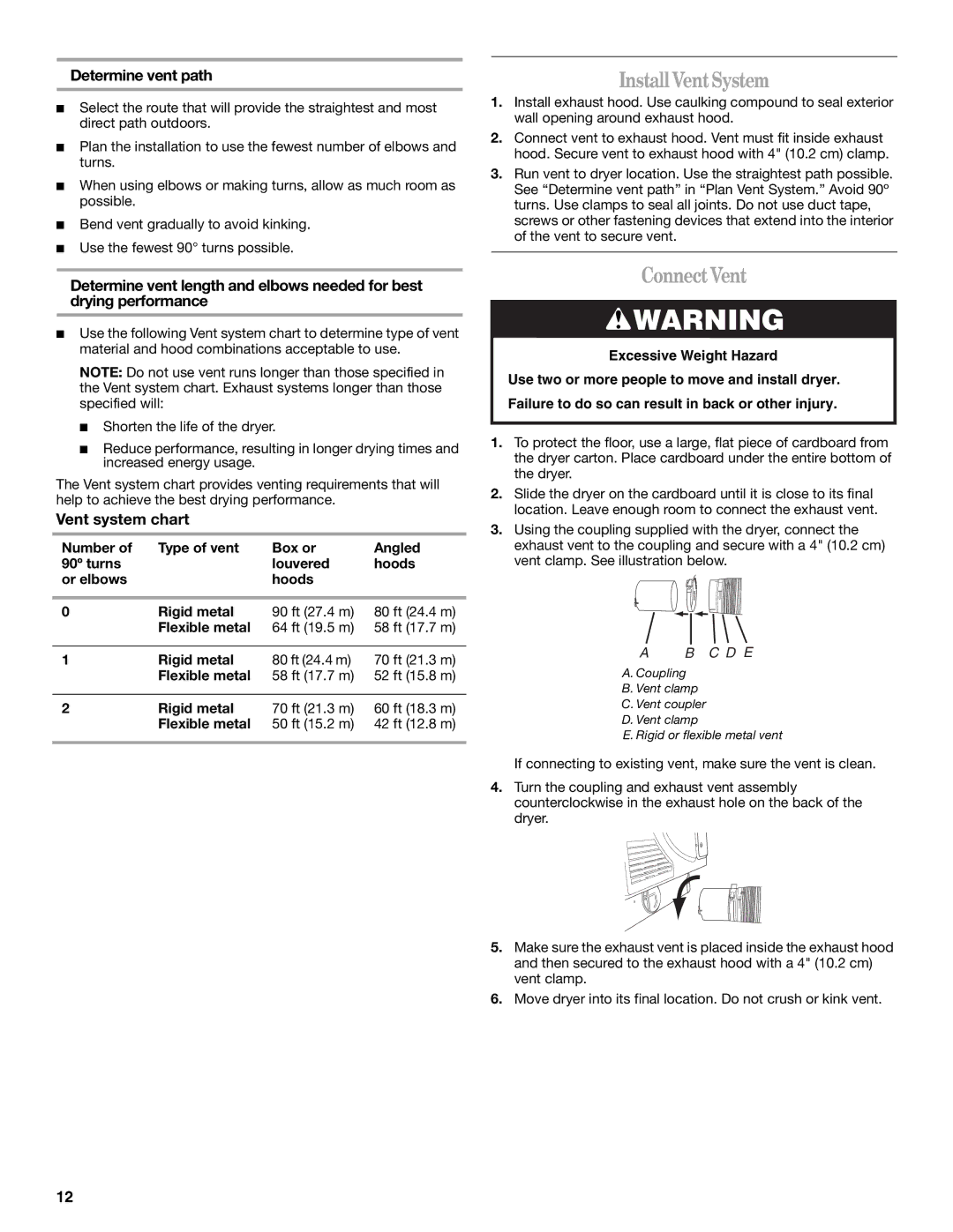 Whirlpool 8565592B manual Install VentSystem, ConnectVent, Determine vent path, Vent system chart 