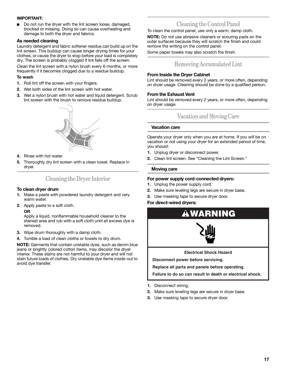 Whirlpool 8565592B manual CleaningtheControlPanel, RemovingAccumulatedLint, CleaningtheDryerInterior, VacationandMovingCare 