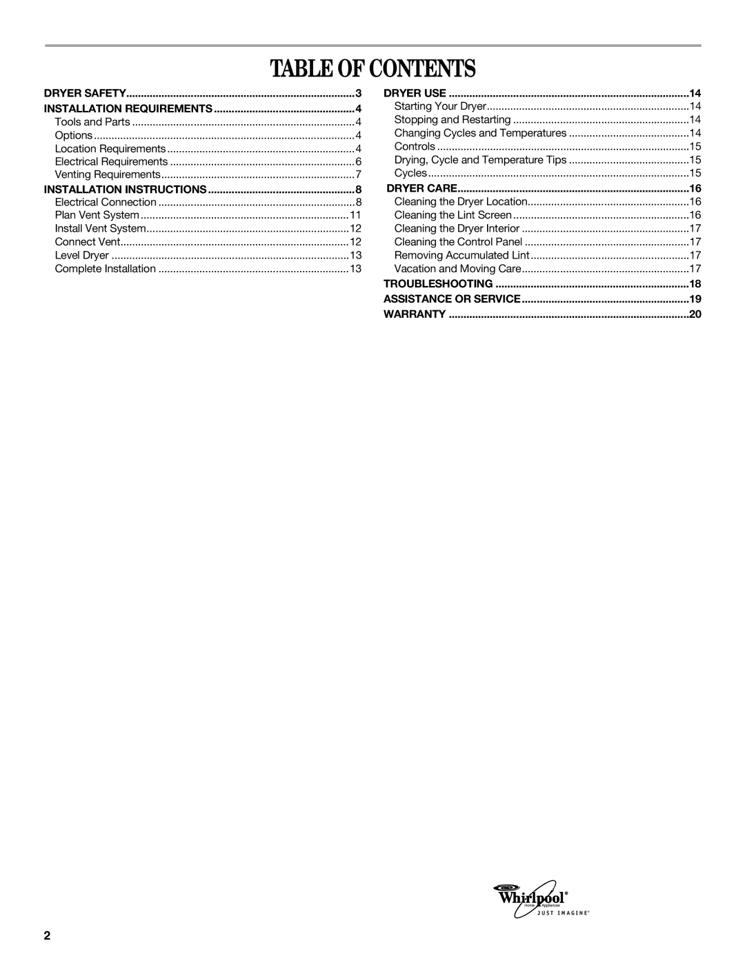 Whirlpool 8565592B manual Table of Contents 