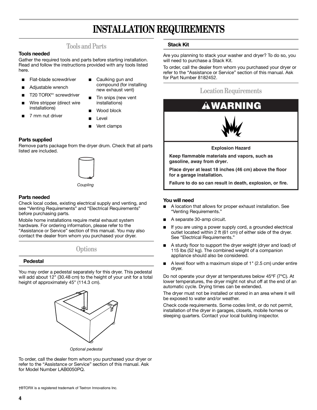 Whirlpool 8565592B manual Installation Requirements, ToolsandParts, LocationRequirements, Options 