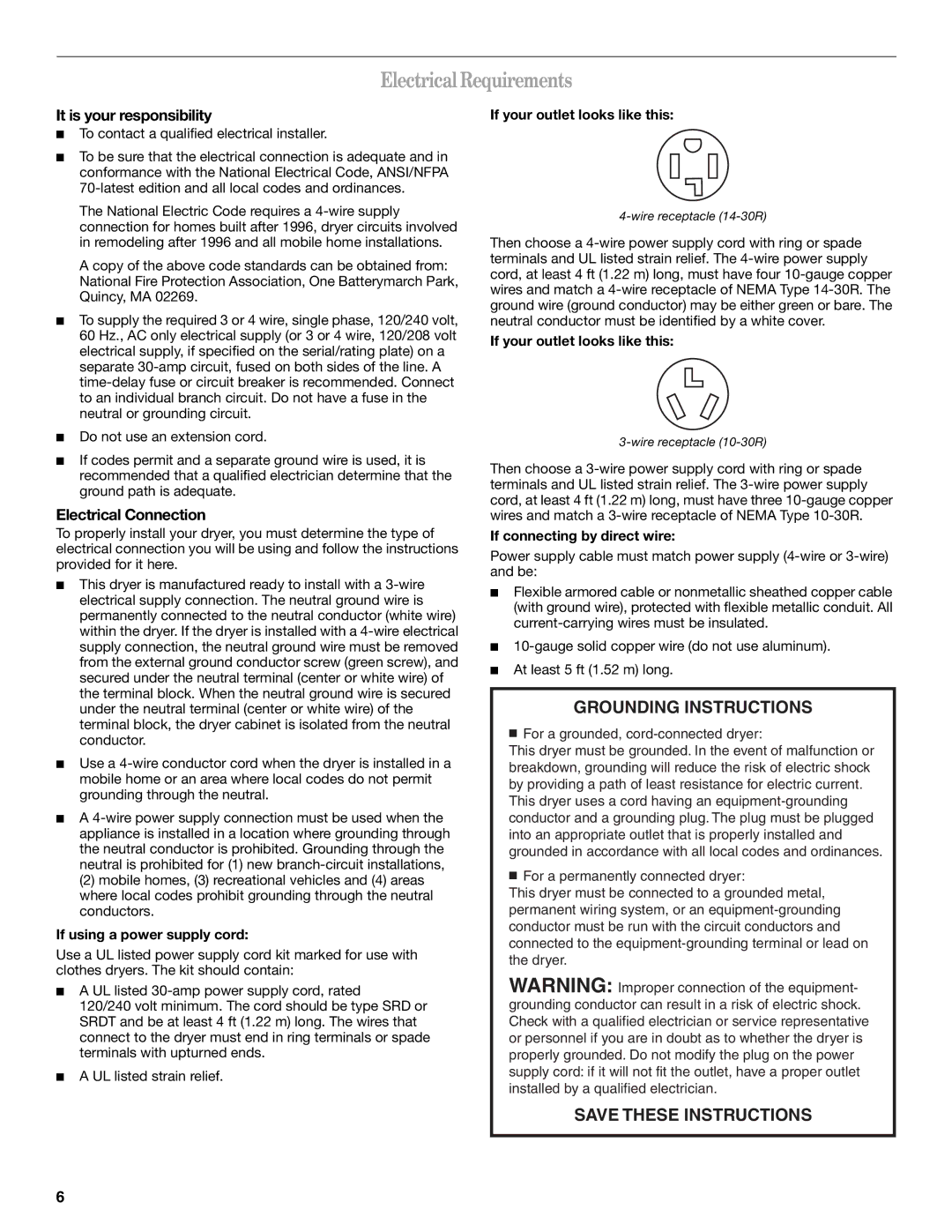 Whirlpool 8565592B manual ElectricalRequirements, It is your responsibility, Electrical Connection 