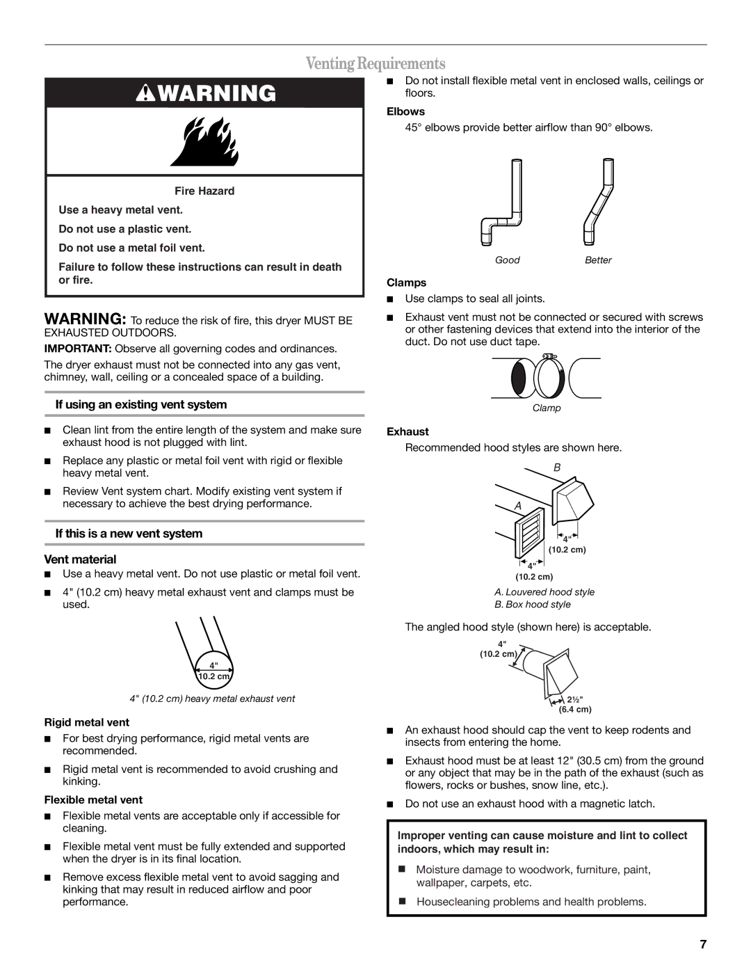 Whirlpool 8565592B manual VentingRequirements, If using an existing vent system, If this is a new vent system Vent material 