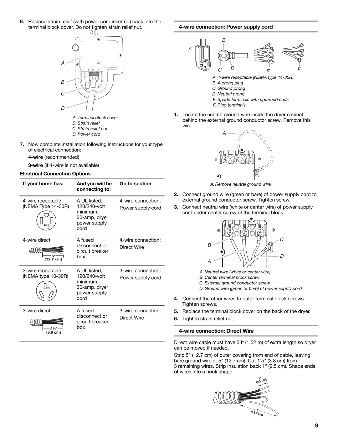 Whirlpool 8565592B manual Wire connection Power supply cord, Wire connection Direct Wire 