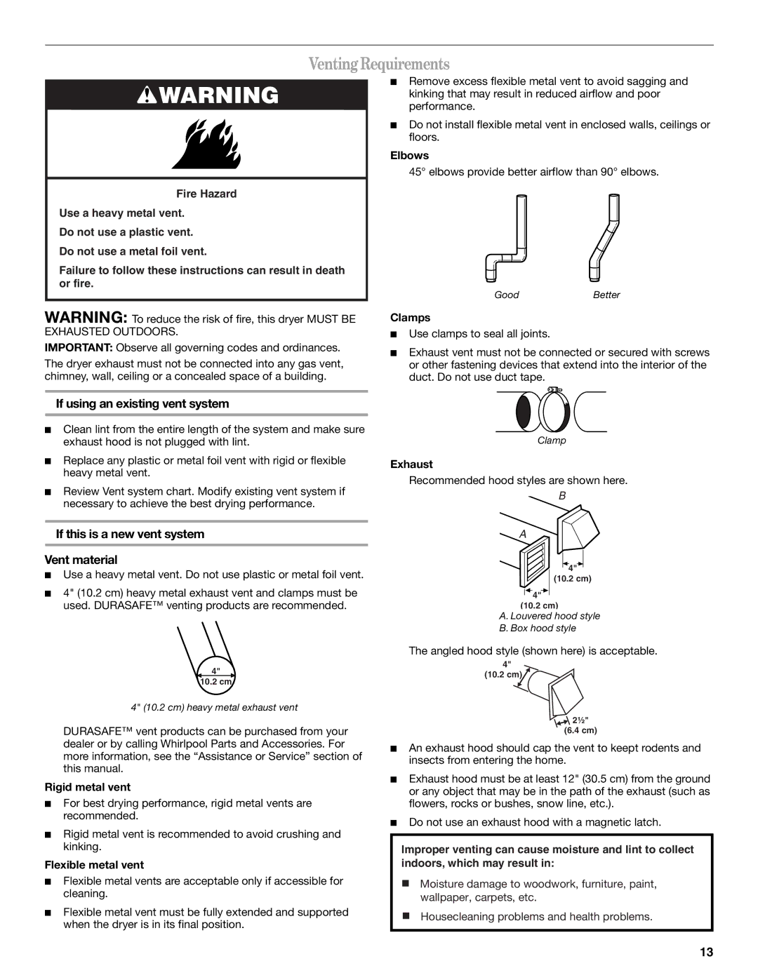 Whirlpool 8577194 manual VentingRequirements, If using an existing vent system, If this is a new vent system Vent material 