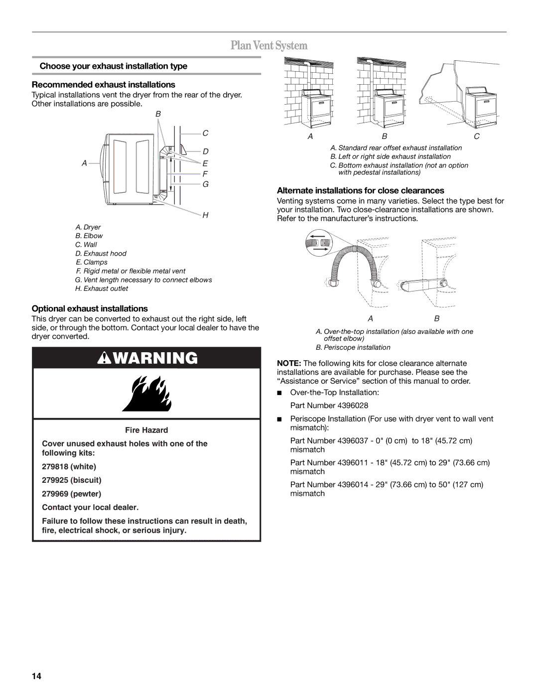 Whirlpool 8577194 manual Plan VentSystem, Optional exhaust installations, Alternate installations for close clearances 