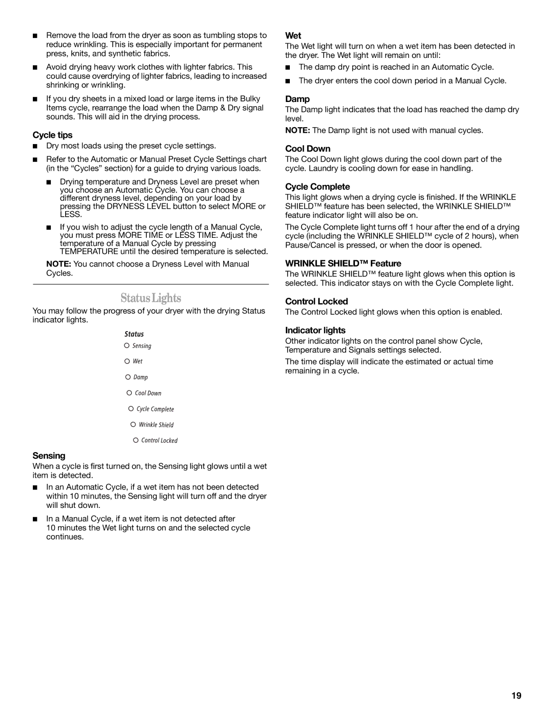 Whirlpool 8577194 manual StatusLights 