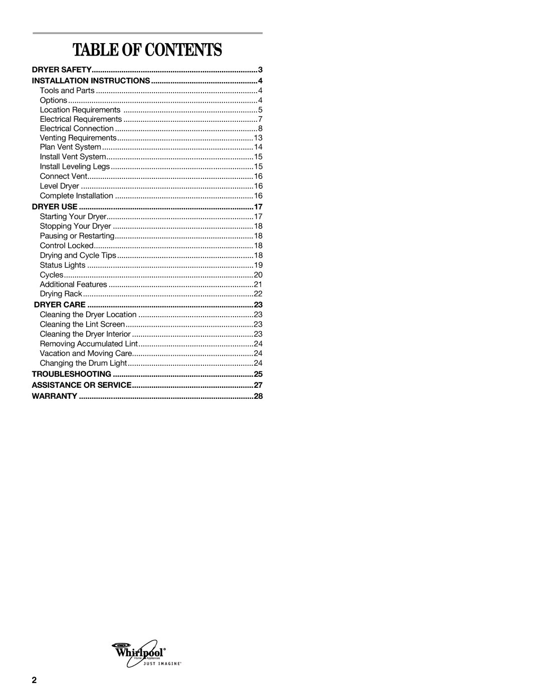 Whirlpool 8577194 manual Table of Contents 