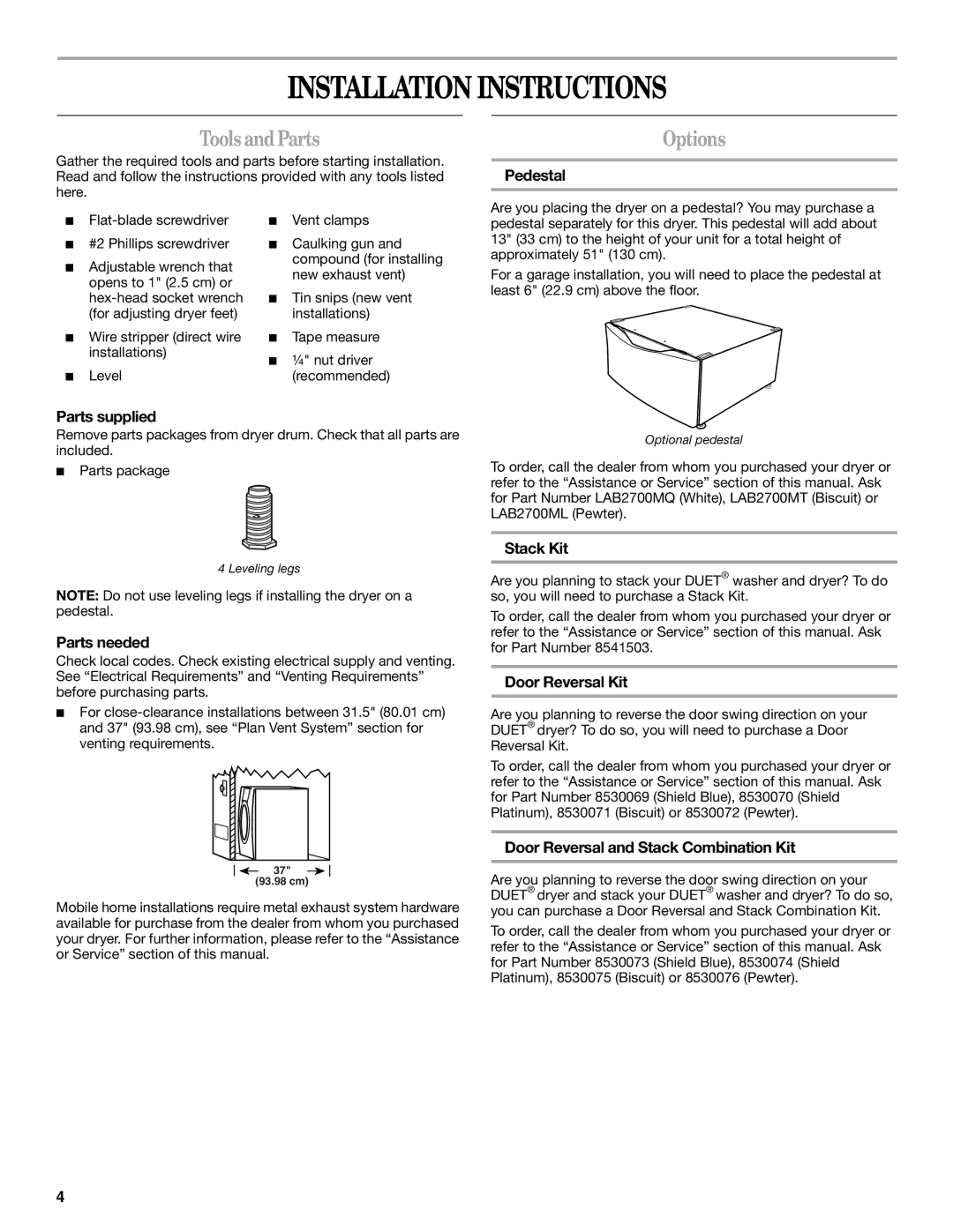 Whirlpool 8577194 manual Installation Instructions, ToolsandParts, Options 