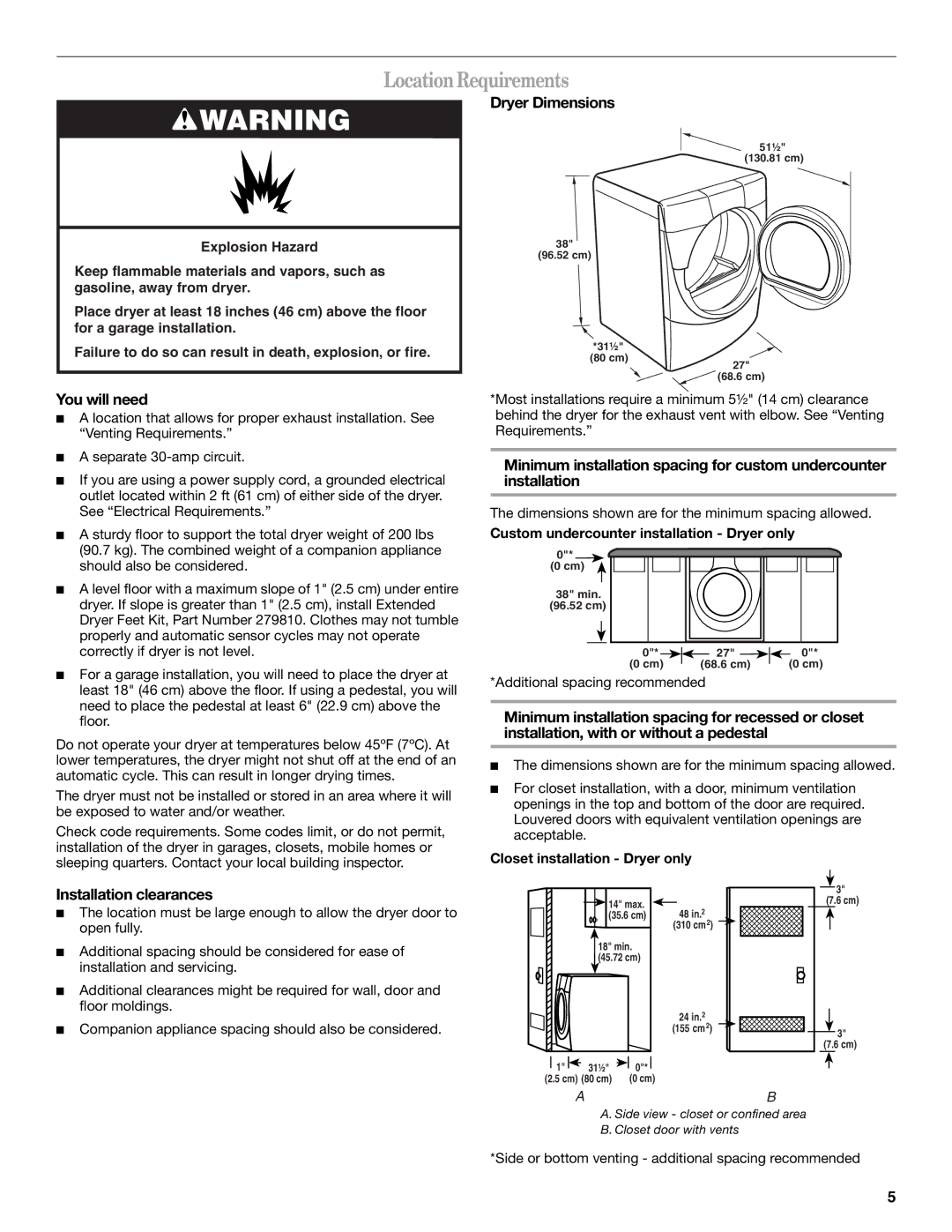 Whirlpool 8577194 manual Location Requirements, Dryer Dimensions, You will need, Installation clearances 