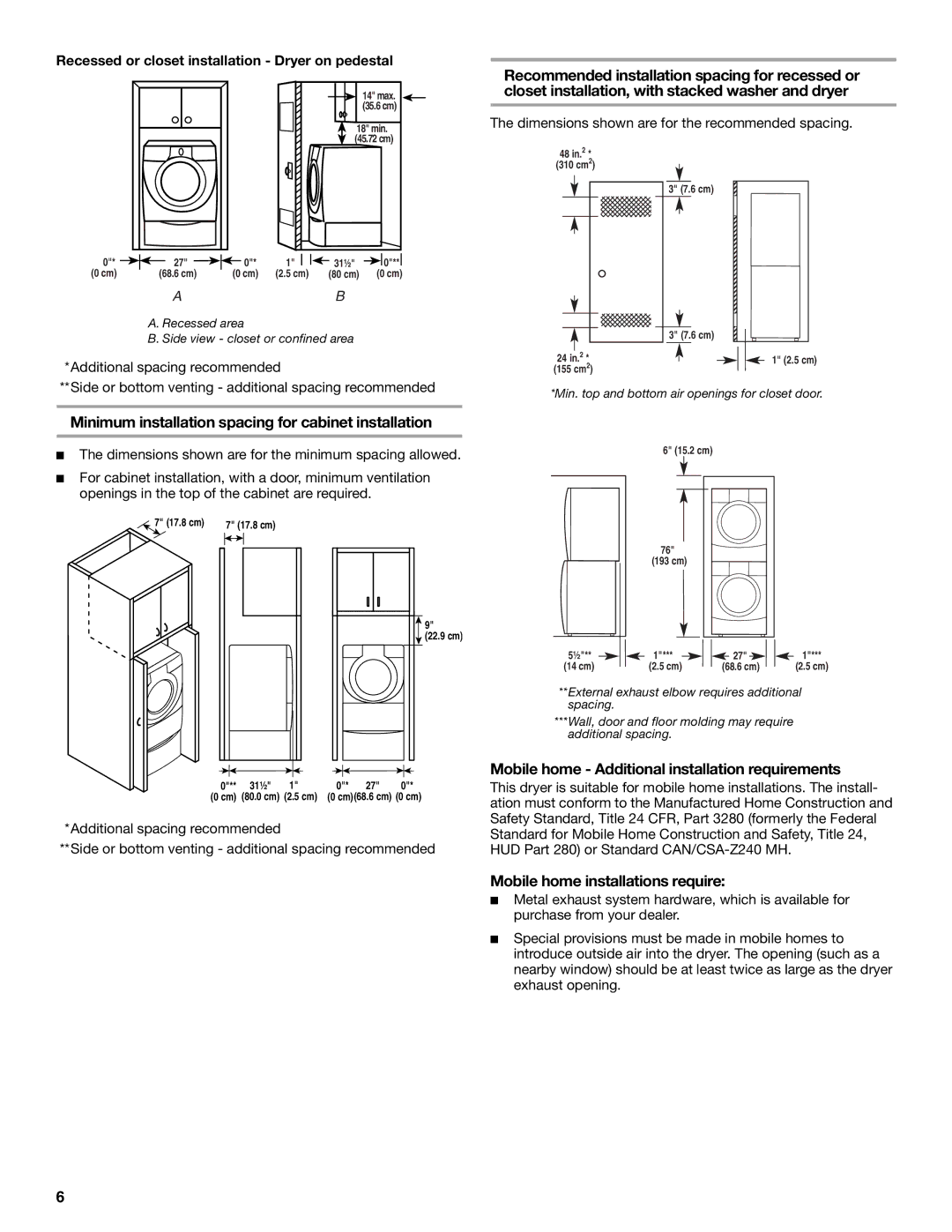 Whirlpool 8577194 Minimum installation spacing for cabinet installation, Mobile home Additional installation requirements 