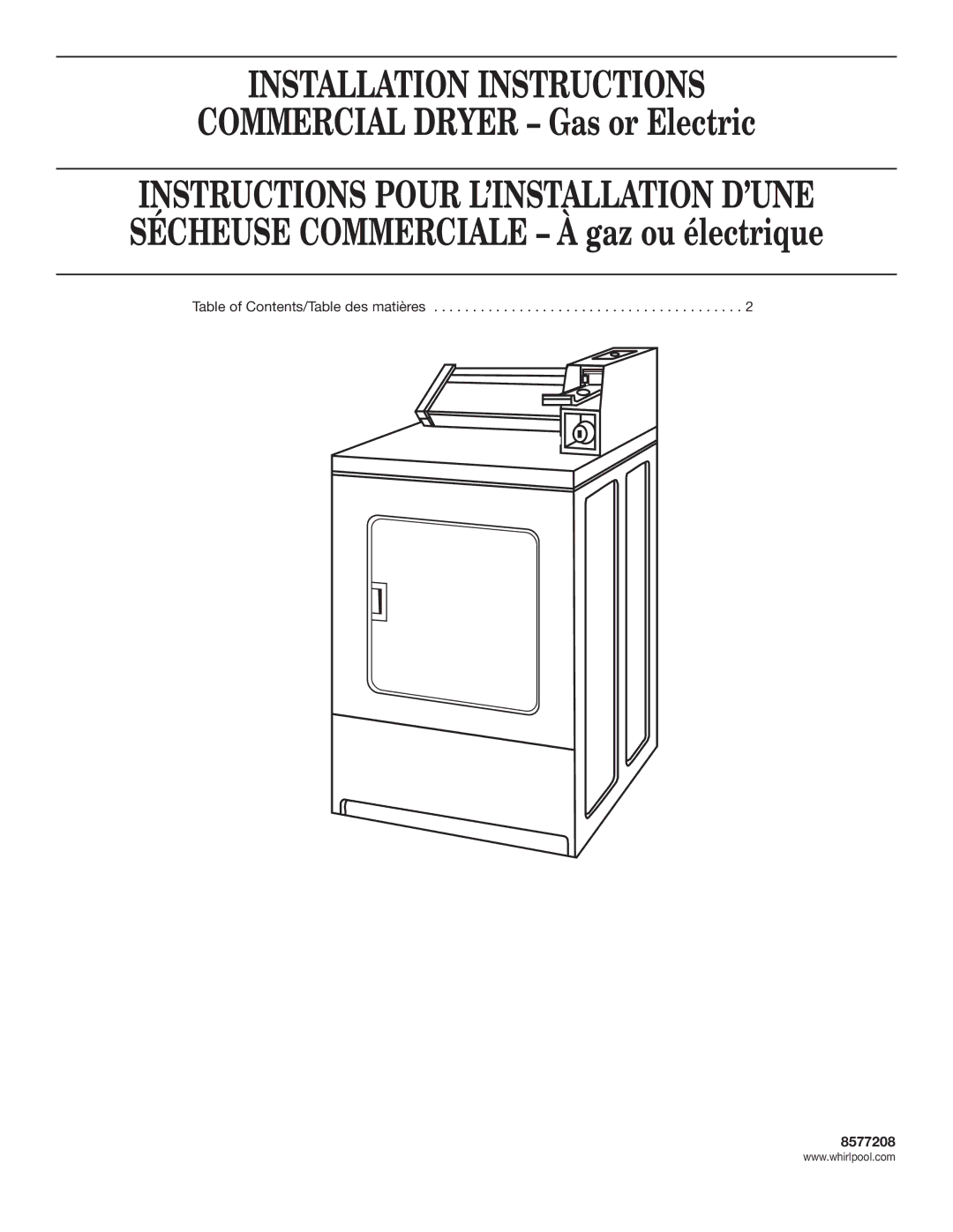 Whirlpool 8577208 installation instructions Table of Contents/Table des matières 