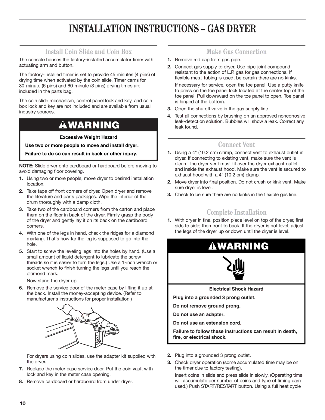 Whirlpool 8577208 installation instructions Install Coin Slide and Coin Box, Connect Vent, Complete Installation 