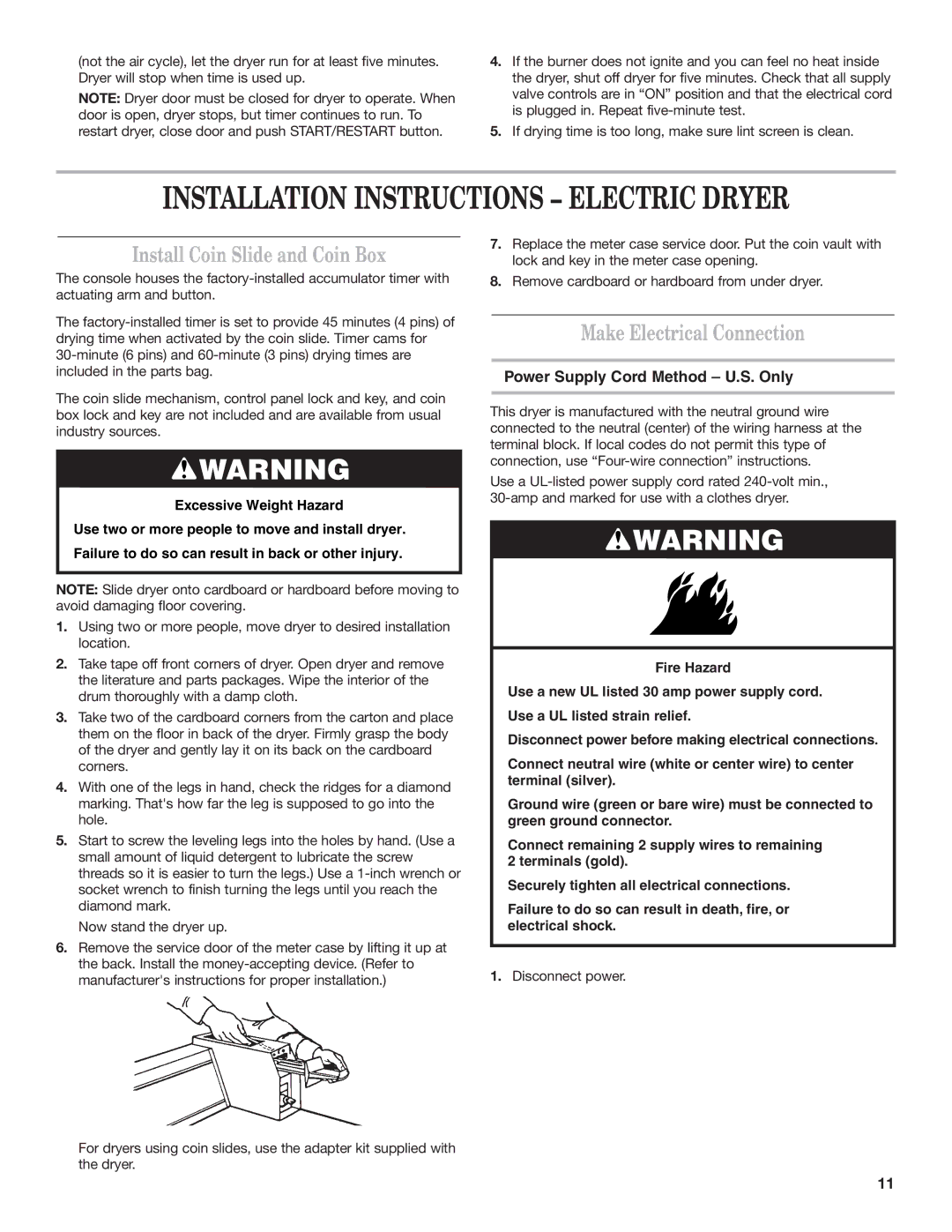 Whirlpool 8577208 installation instructions Make Electrical Connection, Power Supply Cord Method U.S. Only 