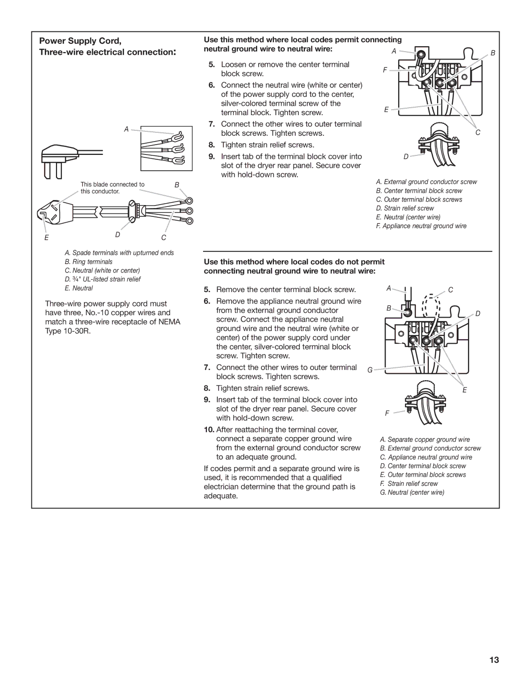 Whirlpool 8577208 installation instructions Power Supply Cord, Three-wire electrical connection, Edc 