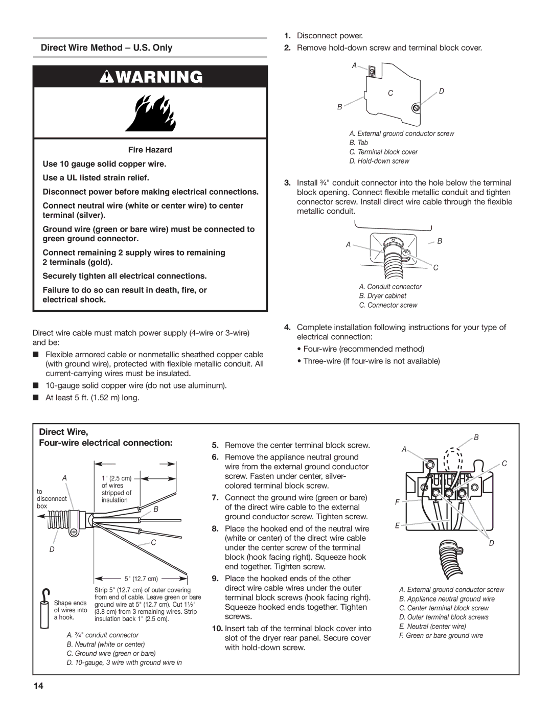 Whirlpool 8577208 installation instructions Direct Wire Method U.S. Only, Direct Wire Four-wire electrical connection 