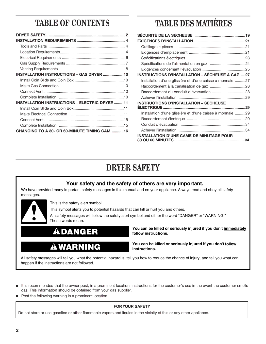 Whirlpool 8577208 installation instructions Dryer Safety 