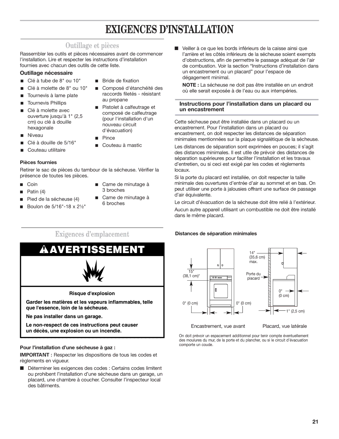 Whirlpool 8577208 Outillage et pièces, Exigences d’emplacement, Outillage nécessaire, Pièces fournies 