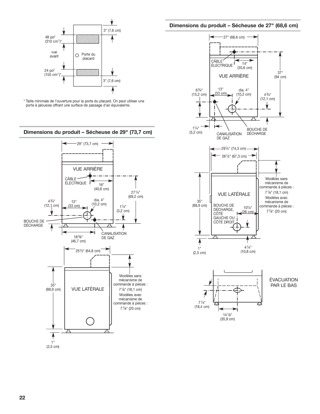 Whirlpool 8577208 Dimensions du produit Sécheuse de 27 68,6 cm, Dimensions du produit Sécheuse de 29 73,7 cm 