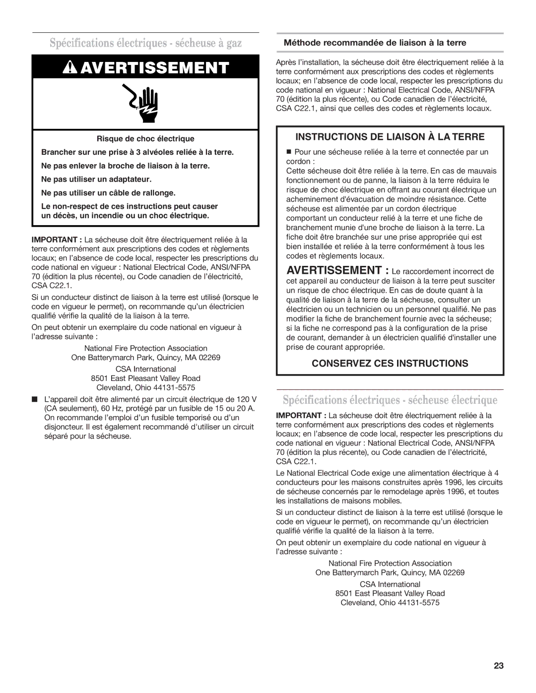 Whirlpool 8577208 Spécifications électriques sécheuse à gaz, Spécifications électriques sécheuse électrique 