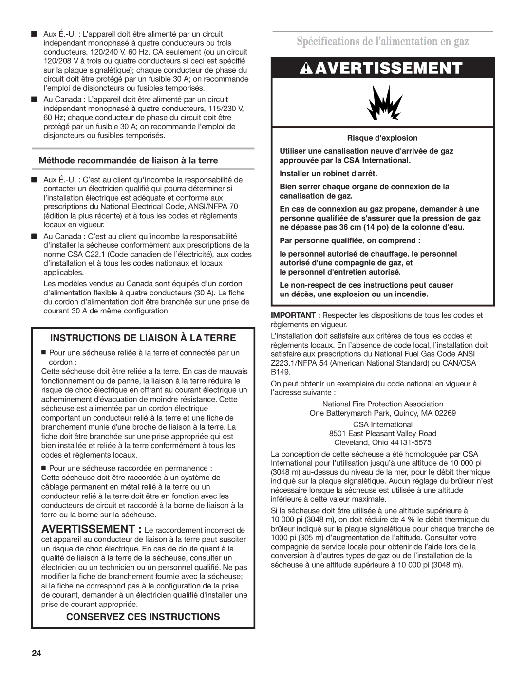 Whirlpool 8577208 installation instructions Spécifications de l’alimentation en gaz 