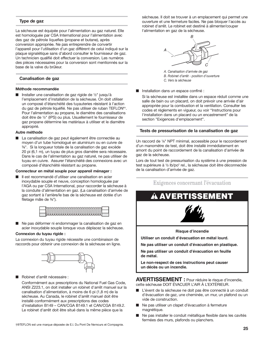 Whirlpool 8577208 installation instructions Exigences concernant l’évacuation, Type de gaz, Canalisation de gaz 