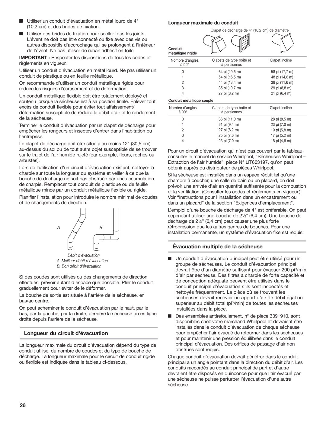 Whirlpool 8577208 Longueur du circuit dévacuation, Évacuation multiple de la sécheuse, Longueur maximale du conduit 