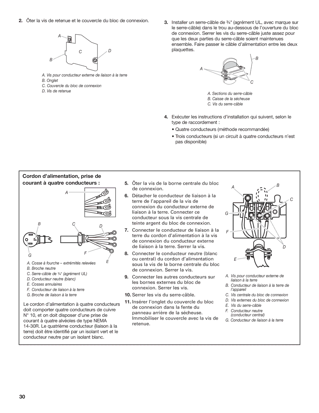 Whirlpool 8577208 installation instructions Cordon d’alimentation, prise de courant à quatre conducteurs 