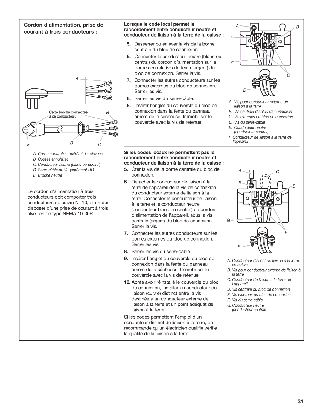 Whirlpool 8577208 installation instructions Cordon d’alimentation, prise de courant à trois conducteurs 