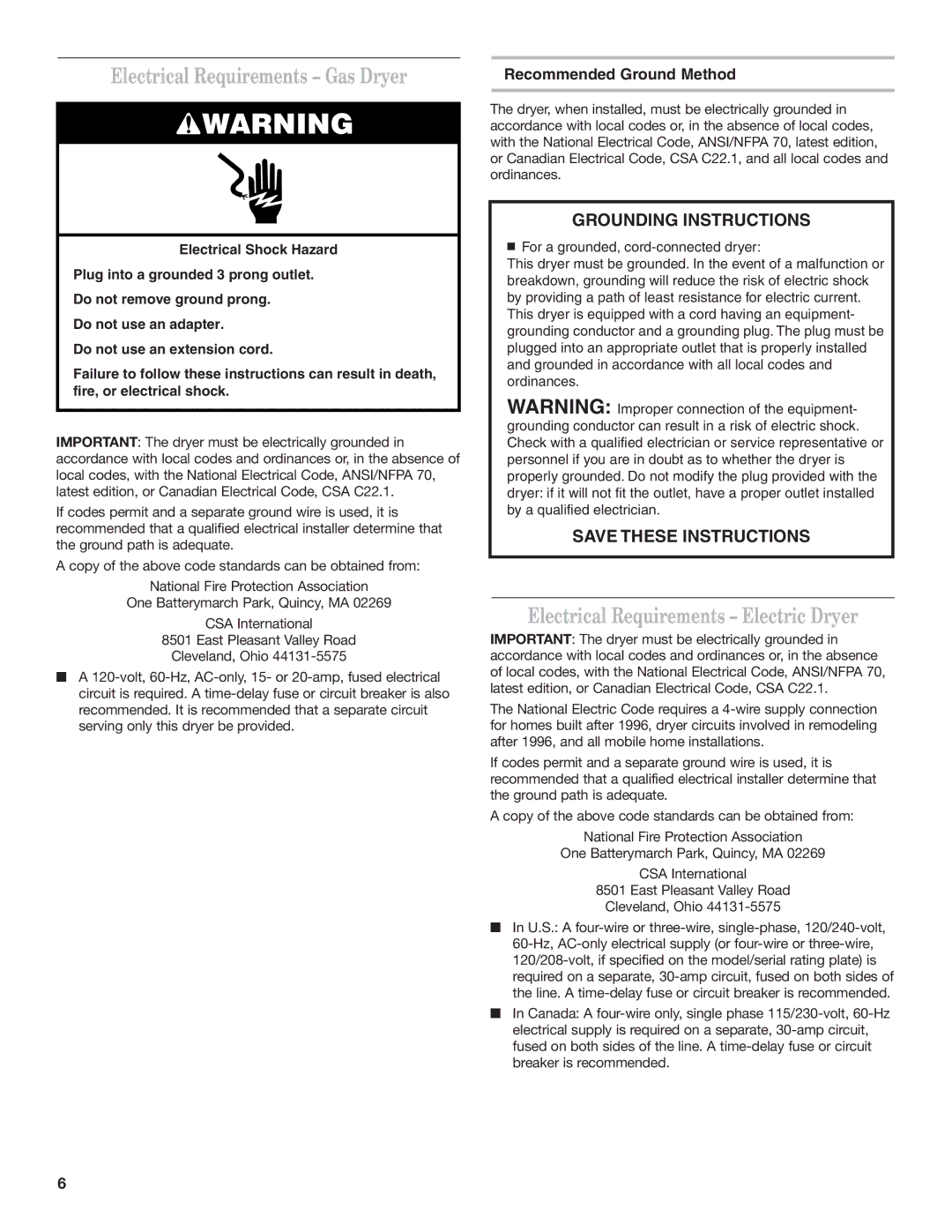 Whirlpool 8577208 Electrical Requirements Gas Dryer, Electrical Requirements Electric Dryer, Recommended Ground Method 