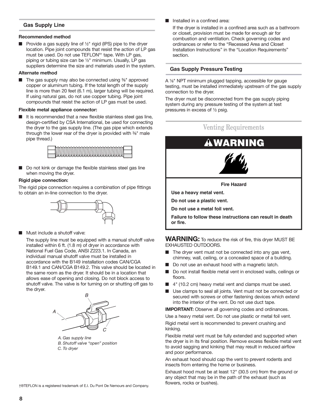 Whirlpool 8577208 installation instructions Venting Requirements, Gas Supply Line, Gas Supply Pressure Testing 