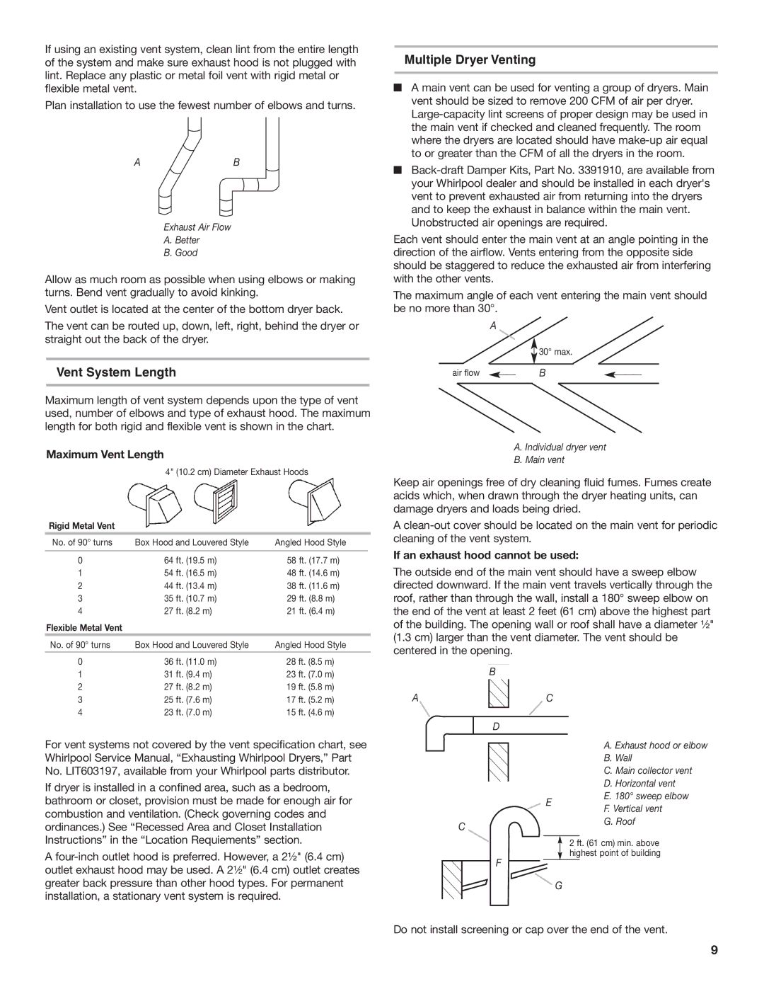 Whirlpool 8577208 Vent System Length Multiple Dryer Venting, Maximum Vent Length, If an exhaust hood cannot be used 