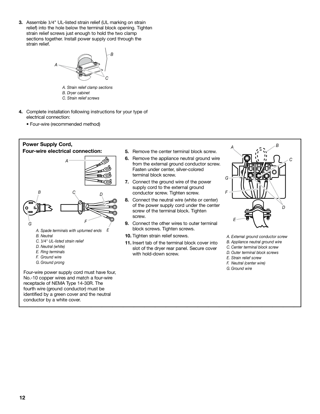 Whirlpool 8577213C installation instructions Power Supply Cord, Four-wire electrical connection 