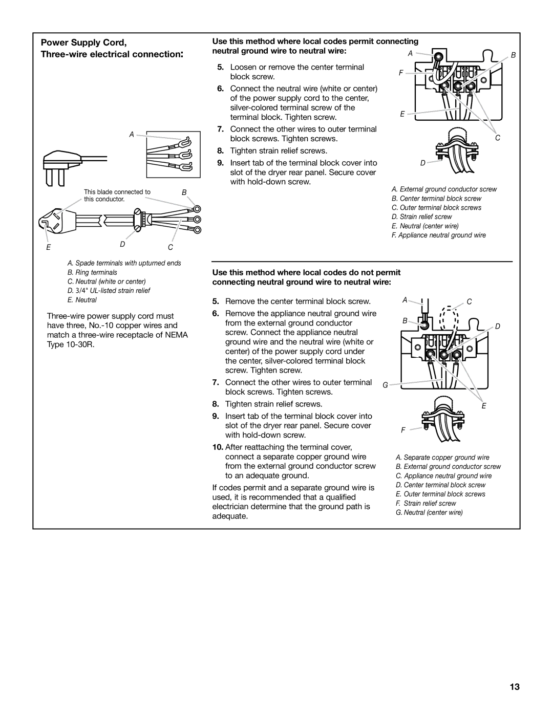 Whirlpool 8577213C installation instructions Power Supply Cord, Three-wire electrical connection 