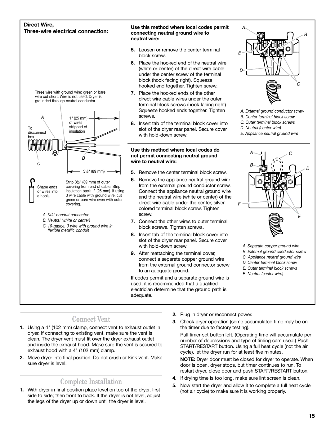 Whirlpool 8577213C installation instructions Connect Vent, Direct Wire Three-wire electrical connection 