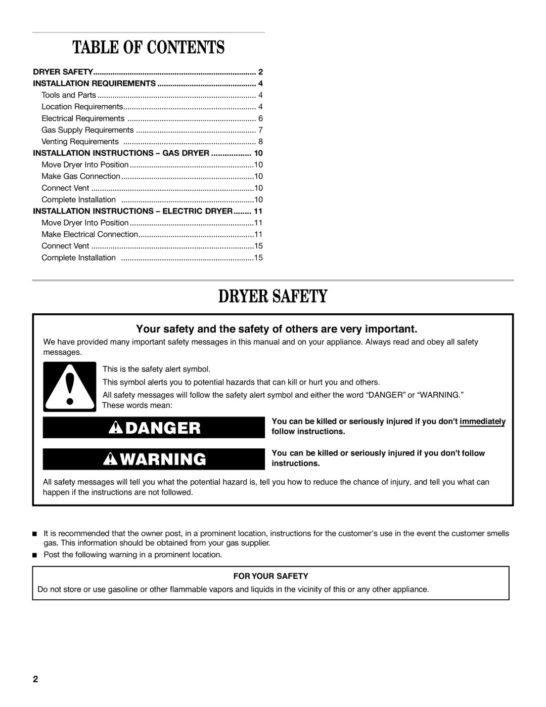 Whirlpool 8577213C installation instructions Dryer Safety 