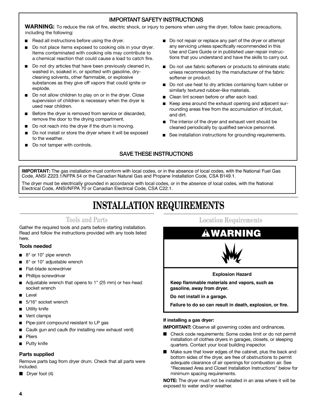 Whirlpool 8577213C installation instructions Tools and Parts, Location Requirements, Tools needed, Parts supplied 